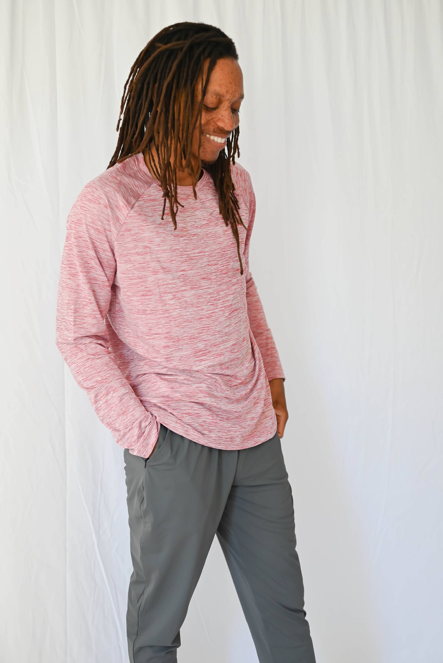 Long sleeve heathered red sun protective UPF 50+ mens top