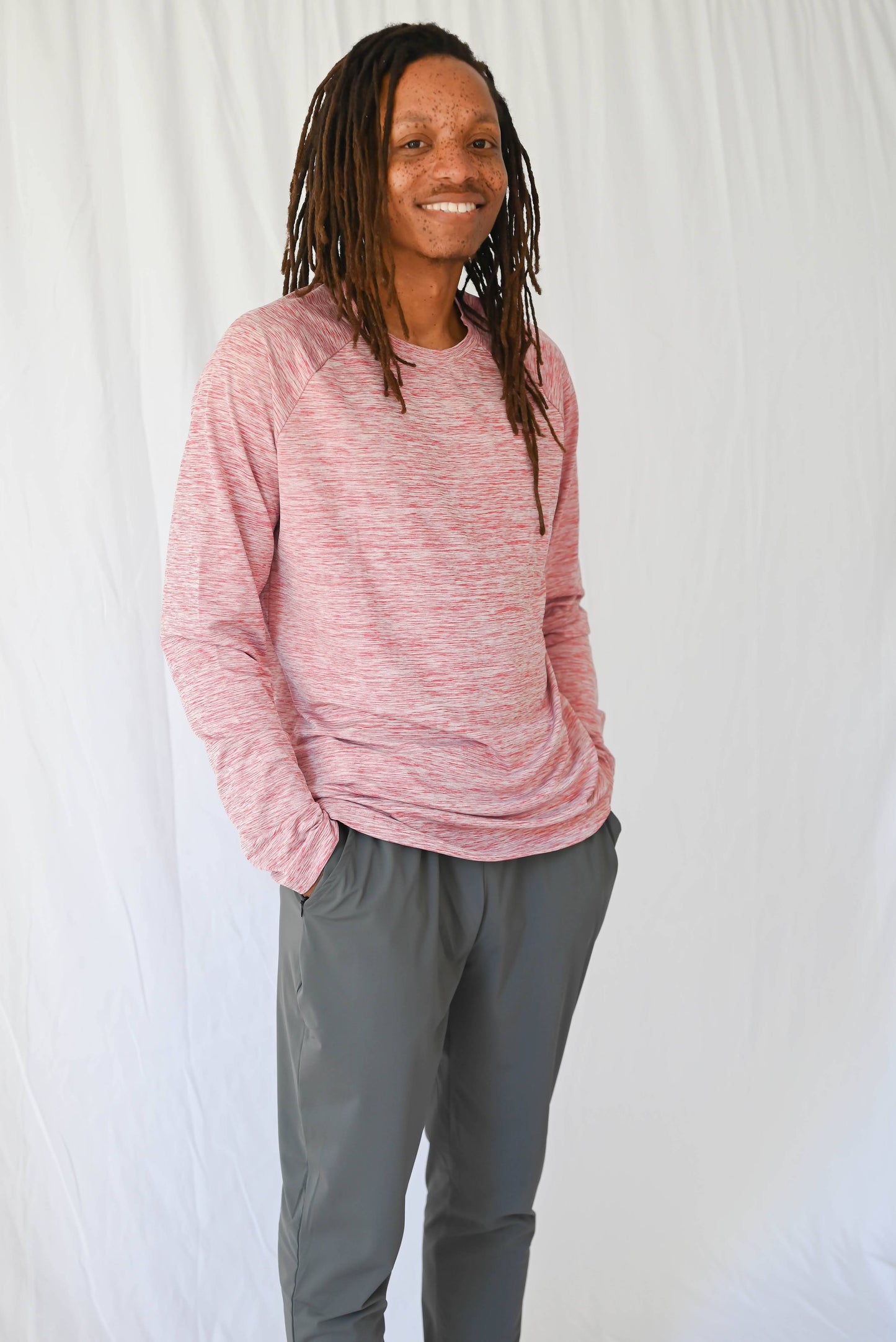 Long sleeve heathered red sun protective UPF 50+ mens top